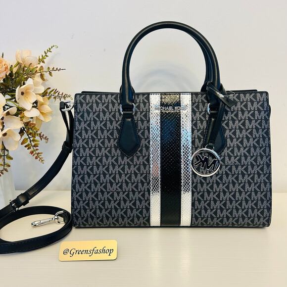 Michael Kors Purse & Wallet Sheila Medium Signature and Metallic Satchel Black - Picture 3 of 12